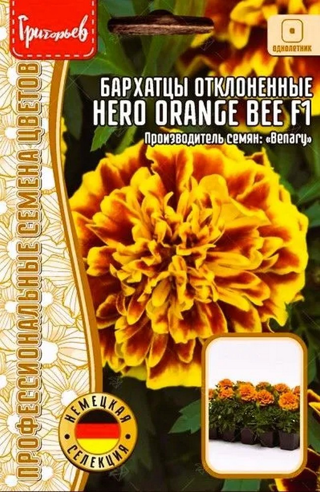 Бархатцы Hero Orange Bee (Герой Оранжевая Пчела) отклоненные F1, 10 шт.