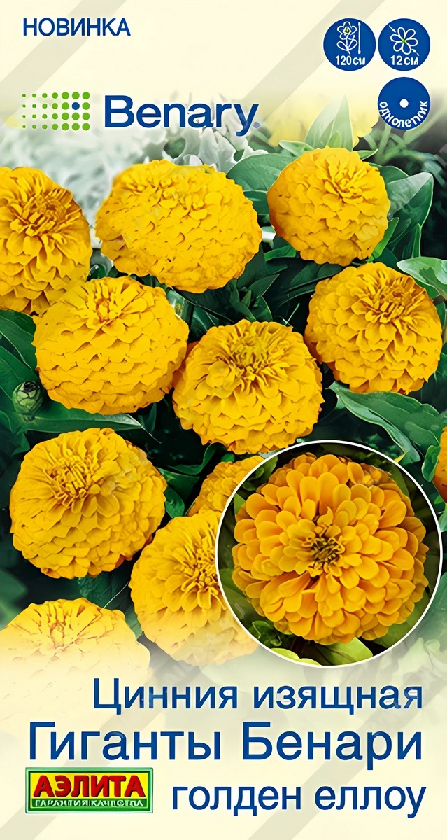 Цинния Гиганты Бенари голден еллоу, 7 шт.